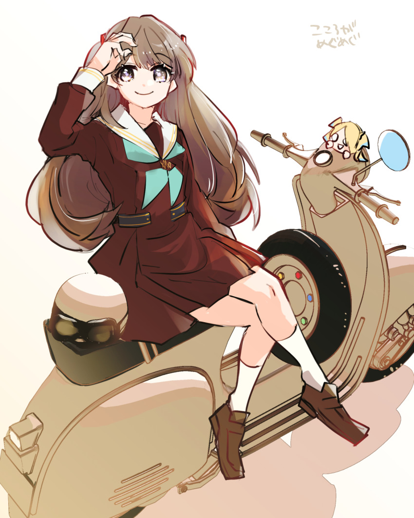 1girl aqua_neckerchief arm_up blonde_hair blue_hair brown_dress brown_hair brown_shoes character_doll closed_mouth colored_tips commentary_request dress fujishima_megumi full_body grey_eyes hasu_no_sora_school_uniform helmet highres kanduki_kamibukuro knees_together_feet_apart light_blue_hair link!_like!_love_live! loafers long_hair long_sleeves looking_at_viewer love_live! medium_dress motor_vehicle motorcycle motorcycle_helmet multicolored_hair neckerchief nesoberi on_motorcycle osawa_rurino parted_bangs pleated_dress sailor_collar sailor_dress school_uniform scooter shadow shoes sitting smile socks solo spare_tire translation_request twintails two_side_up unused_tire unworn_headwear unworn_helmet virtual_youtuber white_background white_sailor_collar white_socks winter_uniform