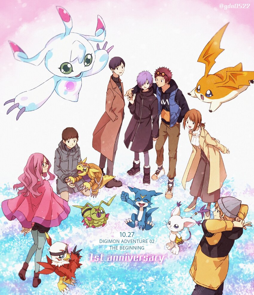 2girls 5boys anniversary armadillo armadimon beak beanie bird black_coat black_eyes black_jacket black_pants black_shirt blonde_hair blue_skin blue_vest body_fur brown_hair brown_jacket brown_pants bug cat closed_eyes coat colored_skin commentary_request copyright_name d-3_(digimon) digimon digimon_(creature) digimon_adventure_02 digimon_adventure_02:_the_beginning digimon_on_lap digivice dragon english_text eyewear_on_head facial_mark feathers forehead_mark gdn0522 glasses grey_coat grey_hat hat hawkmon head_wings hida_iori highres hood hooded_jacket ichijouji_ken inoue_miyako jacket kneeling long_hair medium_hair motomiya_daisuke multicolored_jacket multiple_boys multiple_girls ohwada_lui one_eye_closed orange-tinted_eyewear orange_skin pants patamon pink_shirt ponytail purple_hair round_eyewear shirt short_hair standing sweater tailmon takaishi_takeru talons tinted_eyewear translation_request two-tone_jacket ukkomon v-mon vest w white_background white_fur white_sweater wings wormmon yagami_hikari yellow_coat yellow_jacket yellow_skin