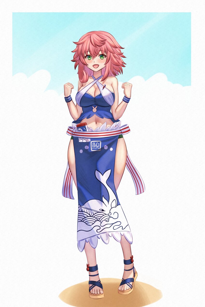 1girl absurdres animal_print apron asymmetrical_hair blue_apron blush breasts cleavage commentary criss-cross_halter fish_print full_body green_eyes halterneck highres looking_at_viewer medium_hair mikotouca navel okunoda_miyoi okunoda_miyoi_(waitress_of_beach_house_kourindou) open_mouth pink_hair smile solo standing touhou touhou_lostword variant_set whale_print
