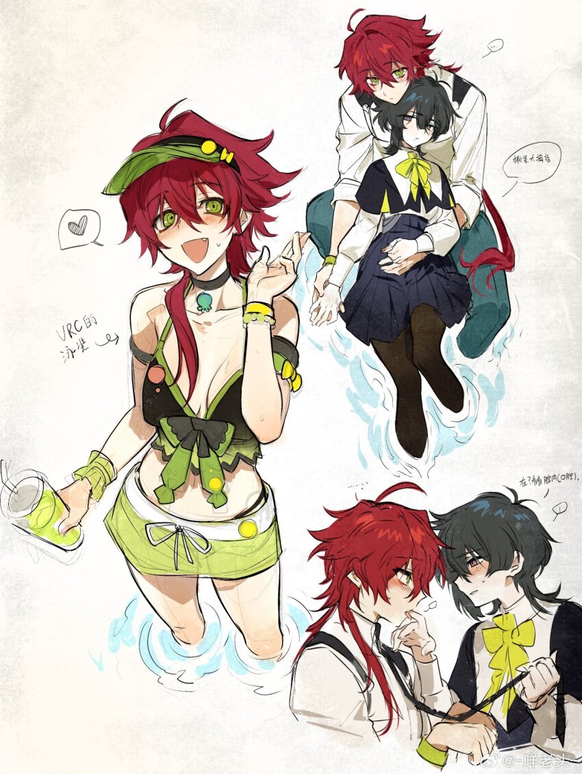 1boy 1girl ahoge black_hair black_skirt blush collar couple drink genderswap green_eyes heart highres holding holding_drink jue_yu_guan leash looking_at_another looking_at_viewer multiple_views pleated_skirt ponytail red_hair school_uniform skirt speech_bubble spoken_heart swimsuit swimsuit_skirt towtow_redoland visor_cap wading water watermark weibo_username weibo_watermark xiaoguan_(jue_yu_guan) xiaojue_(jue_yu_guan)