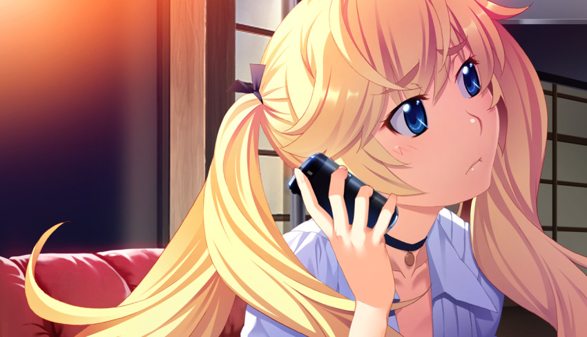 1girl black_choker black_ribbon blonde_hair blue_eyes blush cellphone cellphone_charm charm_(object) choker closed_mouth collarbone collared_shirt couch game_cg grisaia_(series) grisaia_no_rakuen hair_ribbon holding holding_phone indoors large_variant_set long_hair matsushima_michiru non-web_source official_art phone portrait ribbon shirt solo talking_on_phone twintails variant_set watanabe_akio white_shirt