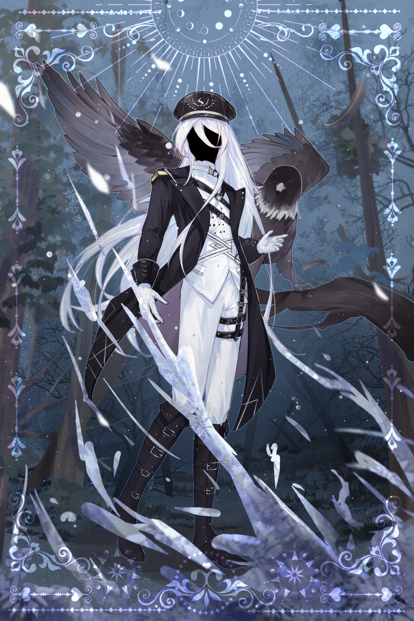 1boy absurdres baiguigelierwan bird black_boots black_coat black_hat black_skin blue_background boots border branch cael_anselm cael_anselm_(spirit_world) chinese_commentary coat colored_skin eagle faceless faceless_male facing_viewer fold-over_boots forest full_body gloves hair_between_eyes hat highres jacket knee_boots long_bangs long_hair long_sleeves lovebrush_chronicles male_focus military_uniform moon_phases nature open_clothes open_coat ornate_border pants peaked_cap shoulder_belt sleeve_cuffs solo splatter standing thigh_strap very_long_hair white_gloves white_hair white_jacket white_pants