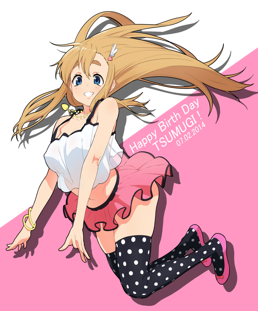 1girl bad_id bad_pixiv_id bare_shoulders blonde_hair blue_eyes blush bracelet breasts brown_hair casual covered_erect_nipples eyebrows female_focus hair_ornament happy_birthday heart highres jewelry jumping k-on! kotobuki_tsumugi kurinton long_hair looking_at_viewer medium_breasts necklace omaru_gyuunyuu polka_dot polka_dot_legwear skirt smile solo thighhighs