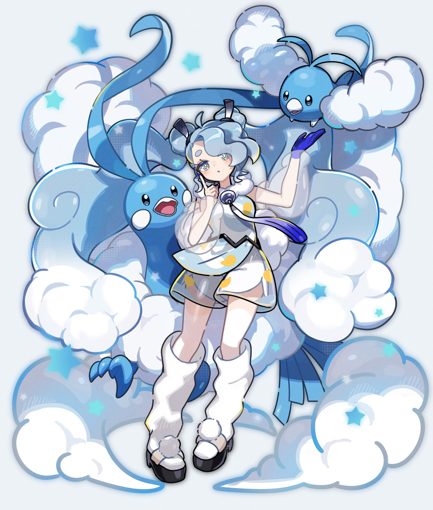 1girl absurdres altaria bird blue_eyes blue_gloves blue_hair blue_nails blush cloud commentary_request detached_sleeves dot_nose double_bun eyeshadow flying_miku_(project_voltage) fuinagi_(huyuu_mm) gen_3_pokemon gloves gradient_hair grey_hair hair_bun hair_ribbon hatsune_miku highres long_eyelashes long_hair makeup multicolored_hair nintendo pokemon pokemon_(creature) project_voltage red_eyeshadow ribbon see-through_clothes see-through_shorts see-through_sleeves shorts shorts_under_shorts simple_background single_glove swablu thick_eyebrows twintails two-tone_hair very_long_hair vocaloid white_background white_footwear white_shorts wind_chime