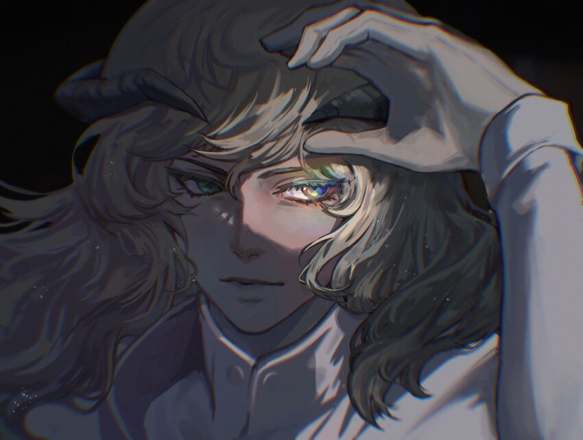1boy arm_up black_background blonde_hair closed_mouth collared_shirt colored_eyelashes commentary english_commentary gwedo_metaphor highres horns long_hair long_sleeves louis_(metaphor:_refantazio) male_focus metaphor:_refantazio multicolored_eyes shirt sleeve_cuffs solo wavy_hair white_shirt
