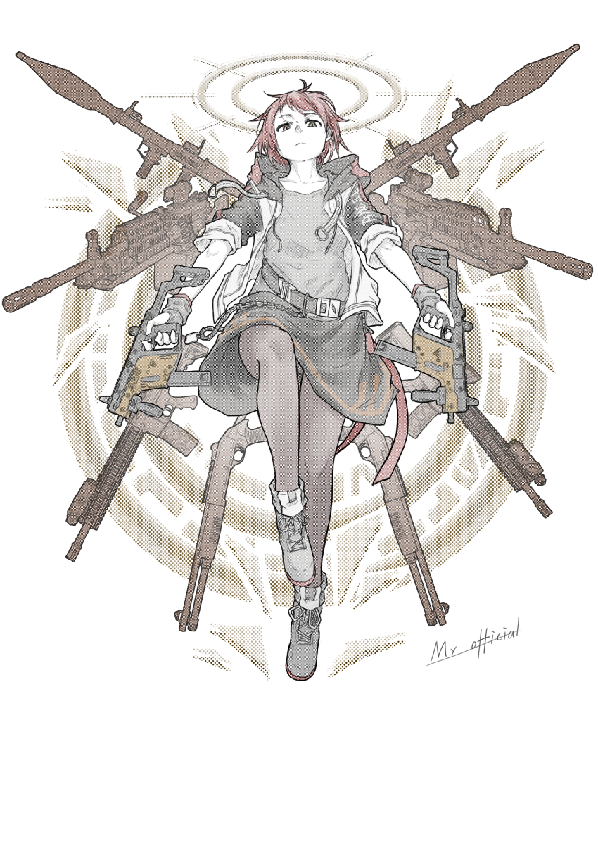 1girl absurdres angel arknights assault_rifle benelli_m4_super_90 dual_wielding exusiai_(arknights) floating from_below gun halo highres holding jacket kriss_vector leggings light_machine_gun looking_at_viewer m249_saw m4_carbine machine_gun mx-nagant open_clothes open_jacket rail_(weapon) red_hair rifle rocket_launcher rpg rpg-7 rpg_(weapon) scope screentones shotgun signature solo submachine_gun weapon