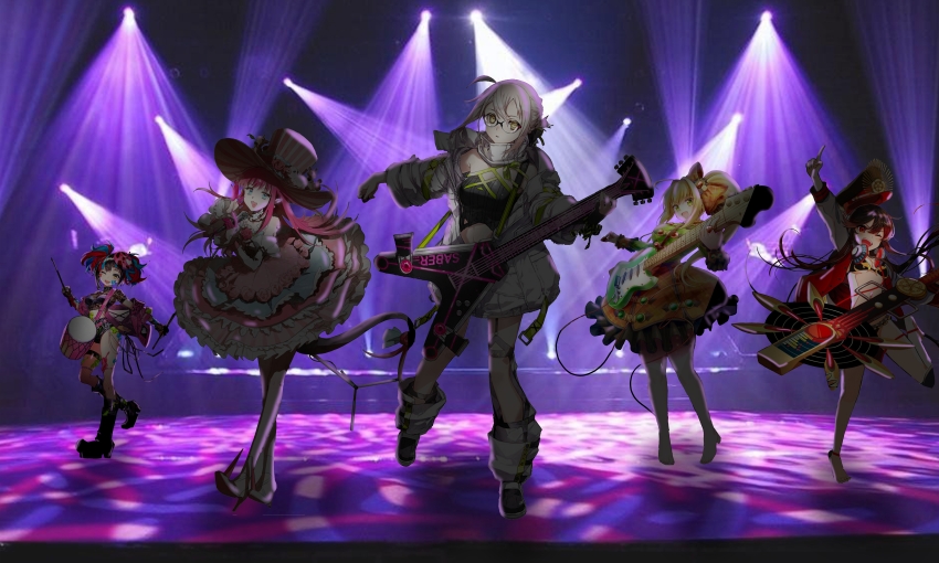 absurdres artoria_pendragon_(fate) concert elizabeth_bathory_(fate) elizabeth_bathory_(third_ascension)_(fate) fate/grand_order fate_(series) highres light_rays modo mysterious_idol_x_(alter)_(fate) nero_claudius_(fate) nero_claudius_(lostroom_outfit)_(fate) oda_nobunaga_(fate) oda_nobunaga_(swimsuit_berserker)_(fate) sei_shounagon_(fate) stage stage_lights