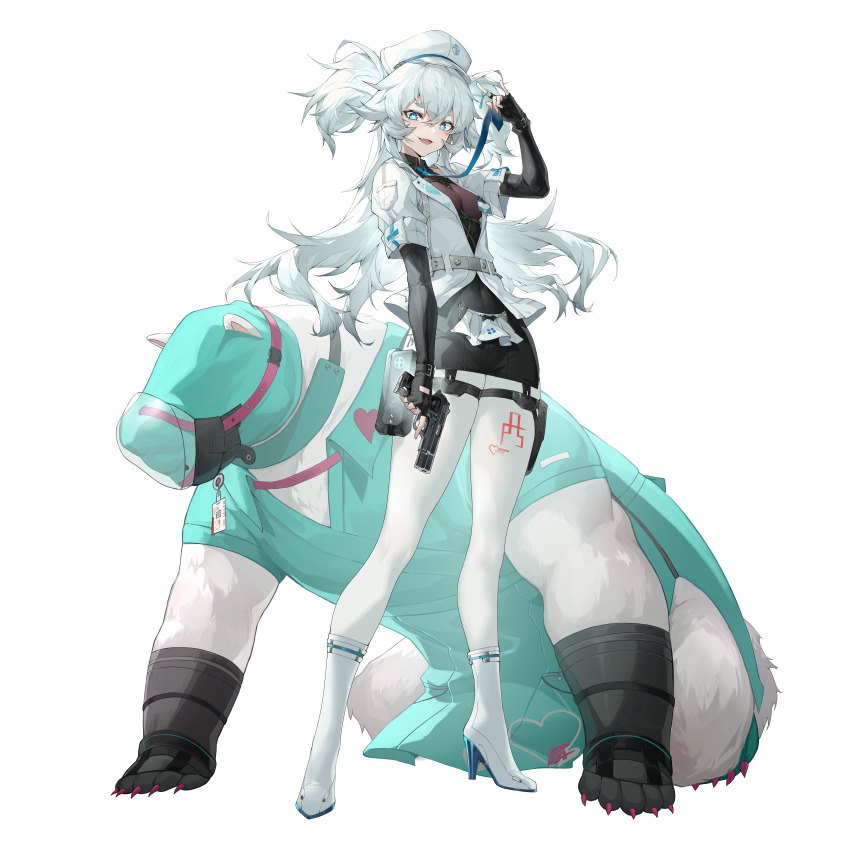 1girl :d absurdres bear black_dress black_shirt blue_eyes blue_necktie blush boots breasts commentary_request dress fang florence_(girls&#039;_frontline_2) full_body girls&#039;_frontline girls&#039;_frontline_2:_exilium gun hair_between_eyes hand_up handgun hat heart heart-shaped_pupils high_heel_boots high_heels highres hip_focus holding holding_gun holding_weapon jacket legs long_hair mab_pa-15 necktie necktie_lift open_mouth pa-15_(girls&#039;_frontline) pantyhose shanyao_jiang_tororo shirt small_breasts smile standing symbol-shaped_pupils thighs very_long_hair weapon white_hair white_jacket