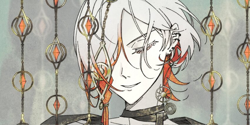 1boy earrings fate/grand_order fate_(series) gradient_hair hair_ornament hair_over_one_eye highres jewelry karna_(fgo_fes._2025)_(fate) male_focus medium_hair multicolored_hair multiple_earrings open_mouth pale_skin portrait red_hair smile solo white_hair yi_nan_ping