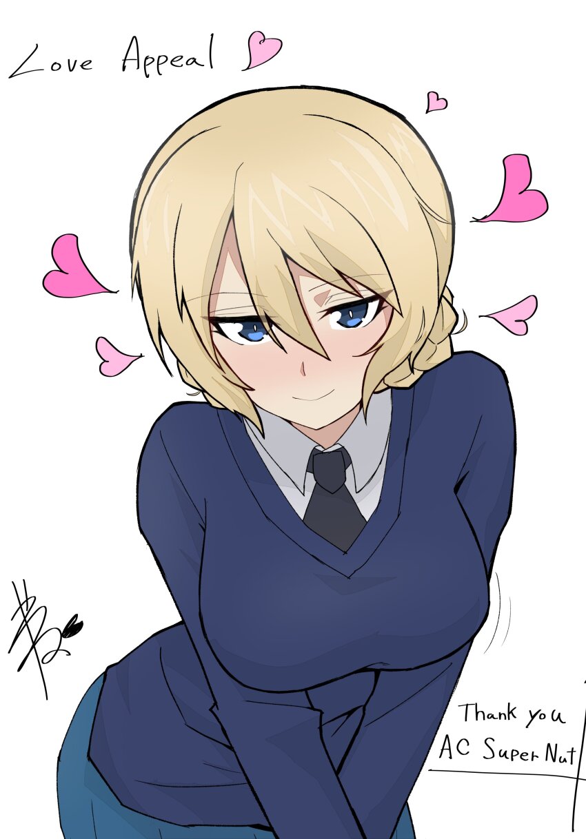 1girl absurdres black_necktie blonde_hair blue_eyes blue_skirt blue_sweater blush braid breasts collared_shirt commission darjeeling_(girls_und_panzer) dress_shirt eyes_visible_through_hair facing_viewer girls_und_panzer hair_between_eyes heart highres large_breasts long_hair long_sleeves looking_at_viewer miniskirt nape_braid necktie pleated_skirt reaching reaching_towards_viewer school_uniform shirt signature simple_background skirt smile solo st._gloriana&#039;s_school_uniform sweater twin_braids v-neck v_arms white_background white_shirt yayuna_kaitati