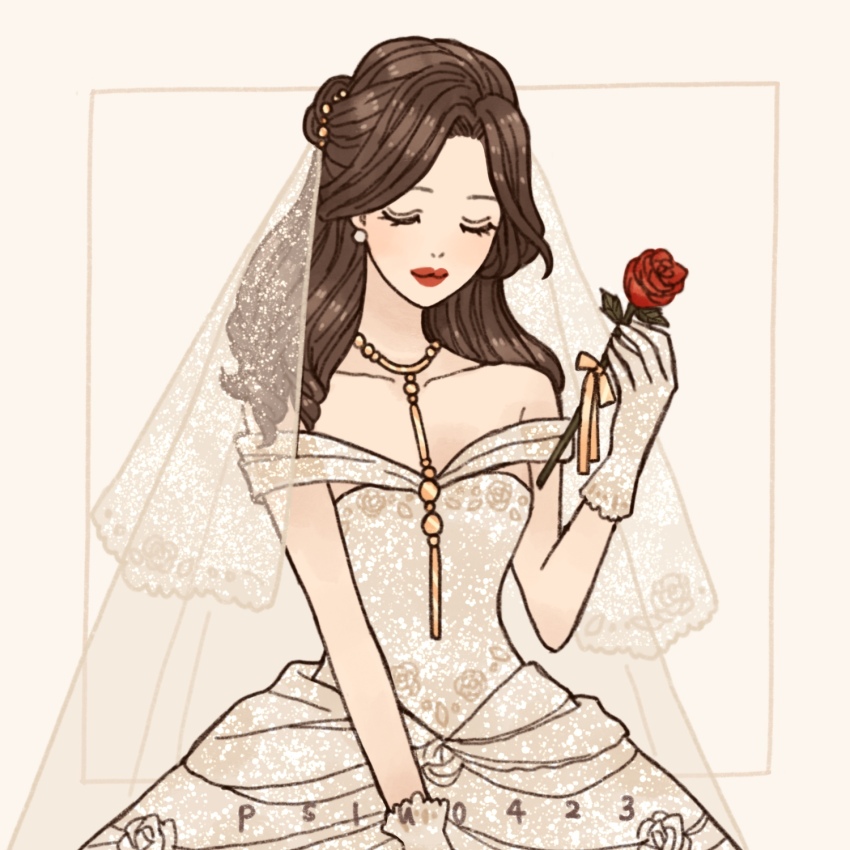 1girl alternate_costume animification beauty_and_the_beast_(disney) belle_(disney) brown_hair closed_eyes dress earrings flower highres jewelry long_hair looking_at_viewer peilu_(pslu0423) rose solo tagme wedding_dress