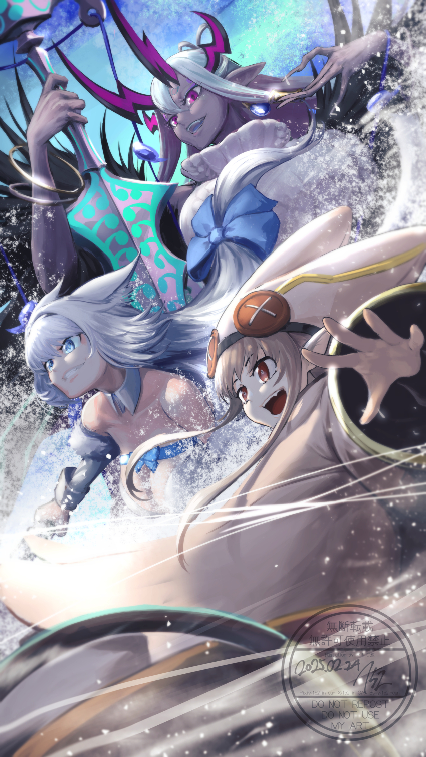 152_in_can 3girls absurdres animal_ear_fluff animal_ears aqua_hair bare_shoulders black_coat blue_bow blue_eyes blue_ribbon bow breasts buttons cat_ears cat_girl cat_tail cleavage coat colored_skin detached_collar detached_sleeves dobrynya_nikitich_(fate) dobrynya_nikitich_(second_ascension)_(fate) dress earrings eyeliner fate/grand_order fate_(series) fur_trim grey_skin grin habetrot_(fate) hair_between_eyes hair_bow hairband hat highres horns ibuki_douji_(fate) ibuki_douji_(second_ascension)_(fate) jacket jewelry large_breasts long_hair long_sleeves low_ponytail magatama makeup multicolored_hair multiple_girls off_shoulder oni open_mouth pants pink_hair pink_hat pink_jacket pointy_ears ponytail red_eyes ribbon sidelocks sleeveless sleeveless_sweater small_breasts smile sweater sword tail turtleneck turtleneck_sweater weapon white_dress white_hair white_pants