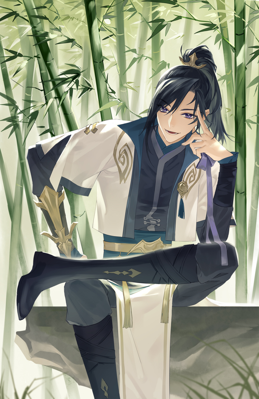 1boy bamboo bamboo_forest black_hair boots chinese_clothes forest hair_between_eyes hand_up highres knee_boots long_hair long_sleeves looking_at_viewer male_focus nature open_mouth outdoors pants ponytail purple_eyes ru_(famia) sitting smile solo zhangmen_tai_mang