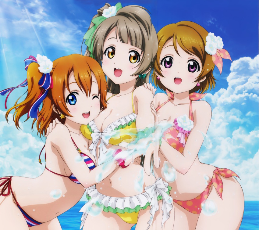 10s 3girls :d ;d absurdres bikini blue_eyes bow breasts brown_eyes brown_hair cheek-to-breast cleavage cloud day earrings frills girl_sandwich grey_hair hair_bow hair_ribbon hand_on_another&#039;s_shoulder highres jewelry koizumi_hanayo kosaka_honoka long_hair looking_at_viewer love_live! love_live!_school_idol_project medium_breasts minami_kotori multicolored_stripes multiple_girls navel non-web_source ocean official_art one_eye_closed one_side_up open_mouth orange_hair outdoors pink_eyes polka_dot polka_dot_bikini polka_dot_swimsuit printemps_(love_live!) ribbon sandwiched short_hair side-tie_bikini_bottom sky smile splashing standing striped_bikini striped_clothes swimsuit water yellow_bikini