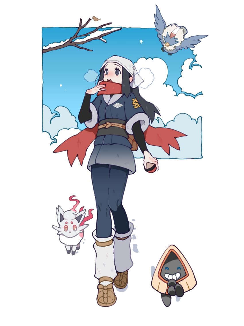 1girl akari_(pokemon) black_hair black_leggings black_shirt black_skirt blush body_blush branch brown_footwear commentary galaxy_expedition_team_survey_corps_uniform gen_3_pokemon gen_5_pokemon grey_socks hand_up headscarf highres hisuian_poke_ball hisuian_zorua hogeol_pk holding holding_poke_ball jacket leggings long_hair loose_socks nintendo pantyhose poke_ball pokemon pokemon_(creature) pokemon_legends:_arceus red_scarf rufflet scarf shirt shoes sidelocks skirt snorunt snow socks teeth upper_teeth_only white_headscarf white_headwear