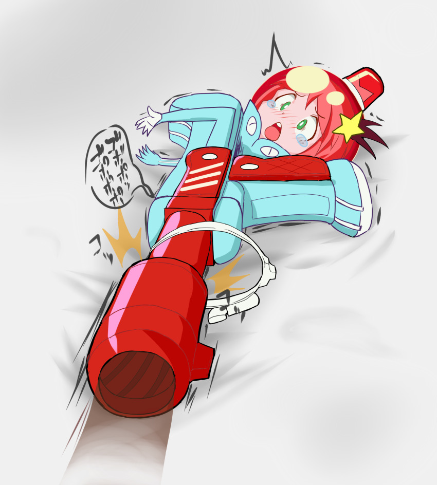 10s 1girl ahegao belt blush bodysuit brown_hair commentary_request embarrassed green_eyes hair_ornament helmet highres judgement_gun_morphing luluco on_bed orgasm penis_shadow sketch solo star_(symbol) star_hair_ornament uchuu_patrol_luluco