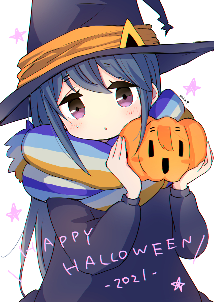 1girl 2021 absurdres artist_name blue_hair blush english_text female_focus halloween halloween_costume happy_halloween hat highres holding holding_jack_o_lantern jack-o&#039;-lantern kagamihara_nadeshiko long_hair looking_at_viewer mint_(mintlemonade3) open_mouth purple_eyes scarf shima_rin simple_background solo standing star_(symbol) sweatdrop white_background witch_hat yurucamp