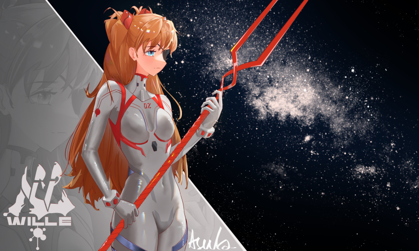 1girl absurdres artist_request bodysuit breasts brown_hair curvy evangelion:_3.0+1.0_thrice_upon_a_time eyepatch hair_between_eyes hair_ornament highres holding holding_lance holding_polearm holding_weapon lance logo long_hair looking_to_the_side mecha_pilot_suit medium_breasts neon_genesis_evangelion plugsuit_(evangelion) polearm rebuild_of_evangelion shiny_clothes simple_background skin_tight solo souryuu_asuka_langley standing two_side_up weapon white_bodysuit wide_hips
