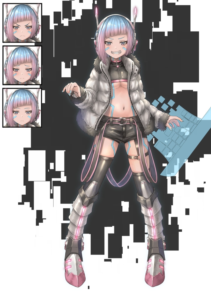 1girl armored_boots asymmetrical_legwear belt black_belt black_shirt black_shorts black_thighhighs blue_eyes blue_hair blue_nails blunt_bangs blush body_markings boots breasts closed_mouth commentary_request crop_top diagonal_bangs facial_mark frilled_thigh_strap frown full_body fur-trimmed_jacket fur_trim gradient_eyes gradient_hair grin headphones highres holographic_keyboard jacket long_sleeves looking_at_viewer medium_breasts multicolored_eyes multicolored_hair multiple_expressions nail_polish navel open_clothes open_jacket original purple_eyes purple_hair sharp_teeth shirt short_hair short_shorts shorts sidelocks skindentation smile solo standing stomach tachi-e teeth thigh_strap thighhighs underboob uneven_legwear white_background white_jacket yakkuro zipper