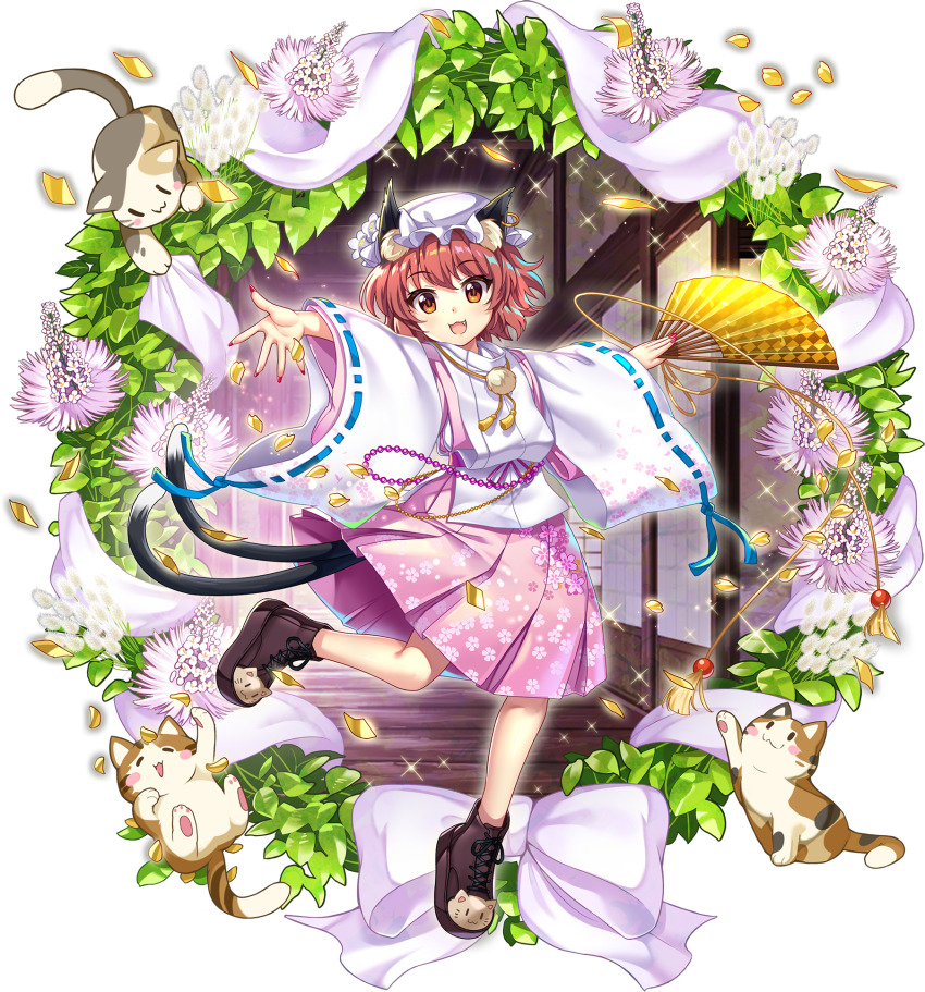 1girl alternate_costume alternate_headwear_color animal_ear_fluff animal_ear_piercing animal_ears animal_print boots brown_boots brown_eyes brown_hair cat cat_ears cat_girl cat_print cat_tail chen chen_(stretching_white_cat) earrings falling_petals fang floral_print flower flower_request folding_fan full_body game_cg hand_fan hat highres holding holding_fan hoop_earrings japanese_clothes jewelry kariginu leaf leg_up long_sleeves looking_at_viewer multiple_tails nekomata official_art open_mouth petals pink_skirt pom_pom_(clothes) print_boots red_nails ribbon-trimmed_sleeves ribbon_trim rotte_(1109) short_hair shouji single_earring skirt sliding_doors smile solo sparkle tail tassel third-party_source touhou touhou_lostword transparent_background two_tails white_hat wide_sleeves yellow_petals