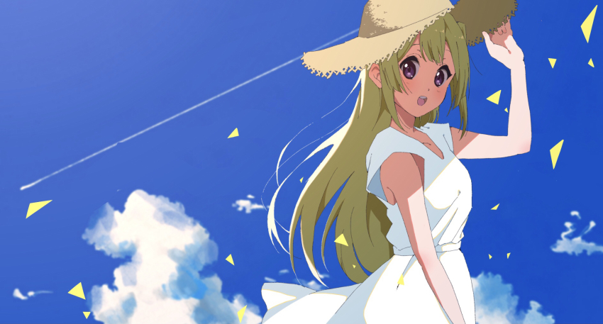 1girl 22/7 :d adjusting_clothes adjusting_headwear blonde_hair blue_sky cloud cloudy_sky collarbone contrail dress from_side fujima_sakura hat highres long_hair looking_at_viewer looking_to_the_side one_side_up open_mouth purple_eyes short_sleeves sky smile solo straw_hat summer sun_hat tanpaku_(oqu_2) teeth upper_teeth_only white_dress