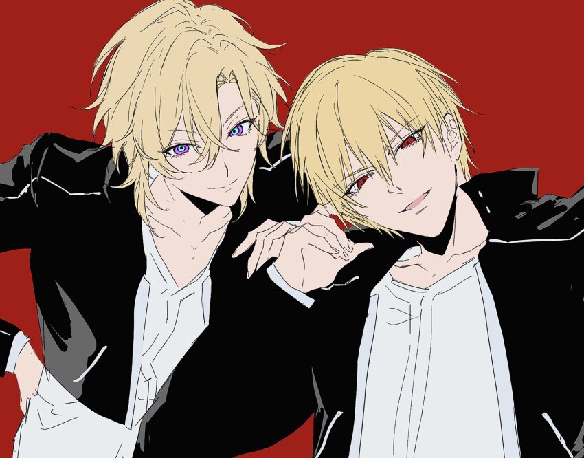 2boys aventurine_(honkai:_star_rail) black_jacket blonde_hair color_connection commentary_request crossover fate/stay_night fate_(series) gilgamesh_(fate) hair_color_connection haranakaryu highres honkai:_star_rail honkai_(series) jacket looking_at_viewer male_focus multicolored_eyes multiple_boys parted_lips red_background red_eyes shirt short_hair simple_background two-tone_eyes white_shirt