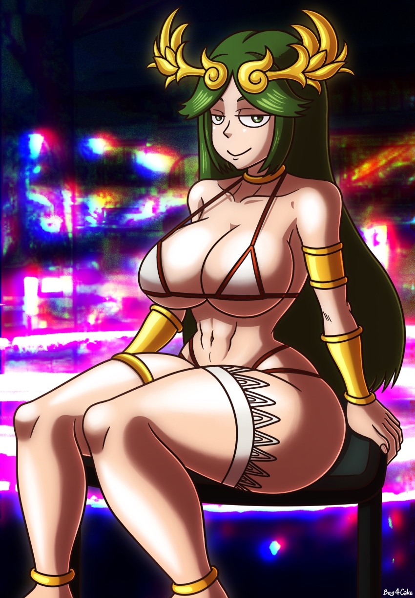 1girl beg4cake breasts cleavage female_abs green_eyes green_hair jewelry kid_icarus large_breasts long_hair nintendo palutena pin_up toned toned_female under_boob
