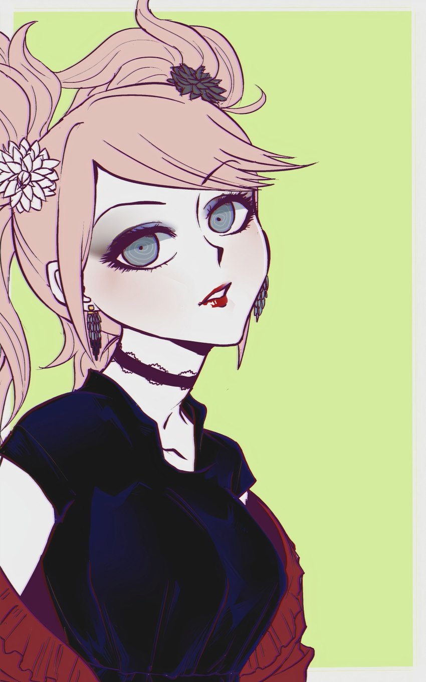 absurdres alternate_costume black_choker black_dress black_shirt blonde_hair blush choker coat collarbone commission commissioner_upload danganronpa:_trigger_happy_havoc danganronpa_(series) dress earrings enoshima_junko eyeshadow flower flower_on_head flowers_in_hair grey_eyes hair_ornament highres jewelry junkoexe lipstick long_eyelashes makeup pale_skin red_coat red_lips retro_clothes shawl shirt simple_background smile spiral teeth