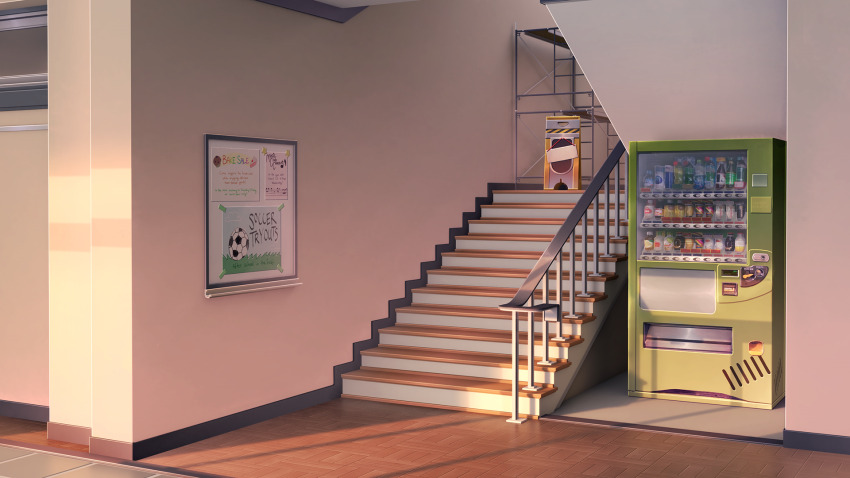 ad ball bottle bulletin_board cake cake_slice can commentary day doki_doki_literature_club doki_doki_literature_club drawing_(object) drink_can english_commentary english_text floor food game_cg grass hallway highres indoors ladder muffin musical_note no_humans non-web_source official_art poster_(object) railing scaffolding school soccer_ball stairs stairwell star_sticker sunlight tape tile_floor tiles velinquent vending_machine wet_floor_sign whiteboard window window_shadow wooden_floor