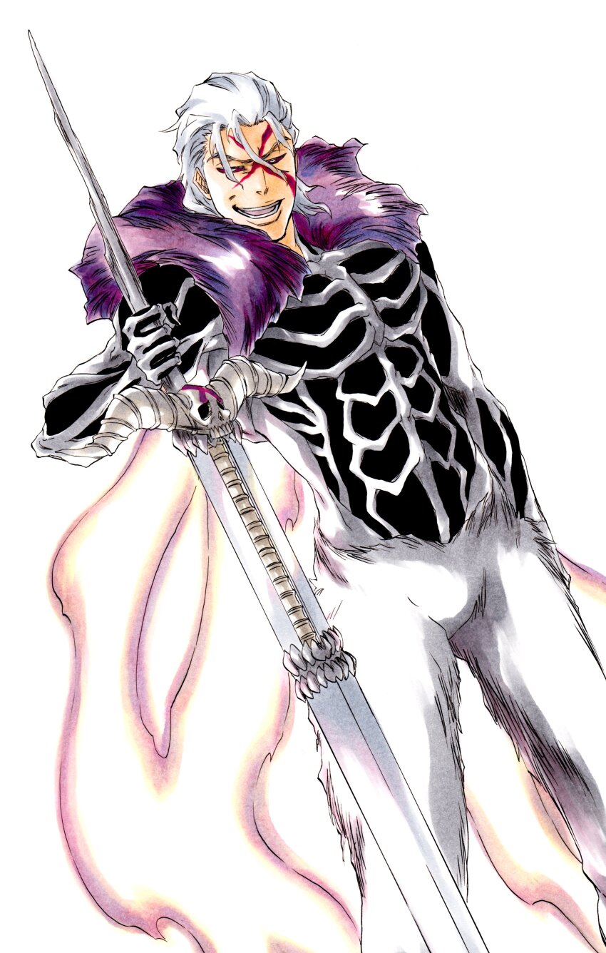 absurdres arm_at_side armor bleach colored_sclera energy_wings evil_smile facial_mark fur_collar ginjou_kuugo hair_between_eyes highres holding holding_sword holding_weapon ken&#039;ichi_(ken1ro_u) looking_at_viewer open_mouth pink_sclera purple_fur skull smile sword teeth weapon white_background white_eyes white_fur white_hair zweihander
