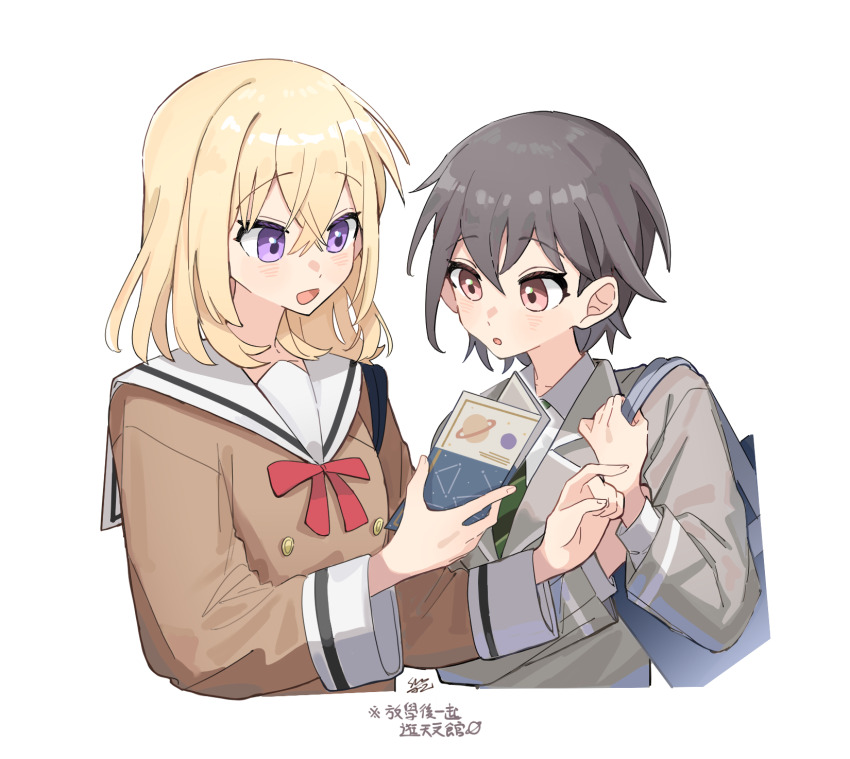 2girls bag bang_dream! bang_dream!_it&#039;s_mygo!!!!! black_hair blonde_hair blush brochure brown_eyes carrying_over_shoulder chinese_text collarbone hanasakigawa_school_uniform haneoka_school_uniform highres long_sleeves misumi_uika multicolored_necktie multiple_girls necktie open_mouth purple_eyes ribbon saturn_(planet) school_uniform shiny_sung short_hair simple_background striped_clothes striped_necktie takamatsu_tomori white_background