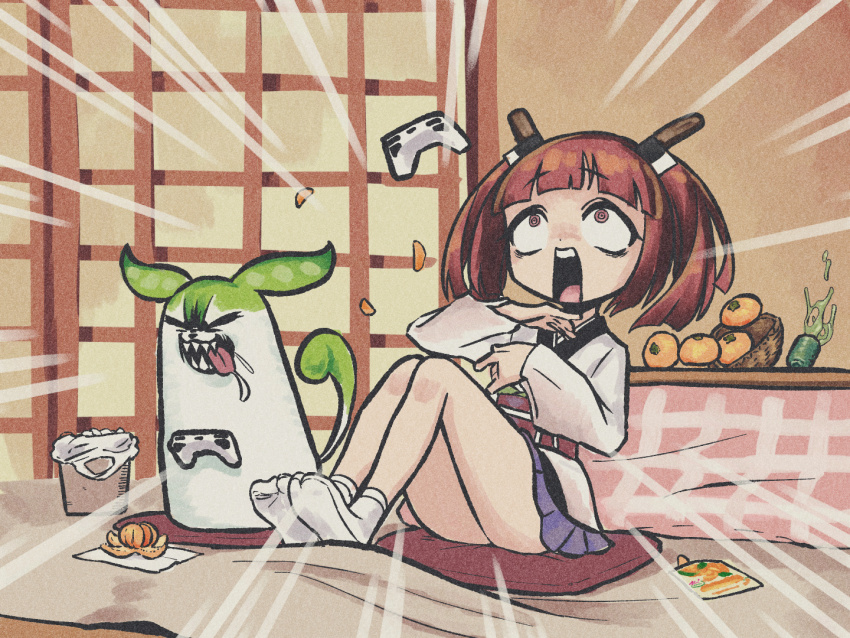 1girl bags_under_eyes blunt_bangs byackopath_(artist) closed_eyes commentary_request controller creature cup cushion defeat emphasis_lines food fruit full_body furrowed_brow game_controller green_tea indoors japanese_clothes kimono knife_in_head kotatsu long_sleeves looking_up mandarin_orange miniskirt object_through_head open_mouth playing_games pleated_skirt purple_skirt raised_eyebrows red_eyes red_hair ringed_eyes sharp_teeth short_kimono shouji sitting skirt sliding_doors smile socks tabi table tea teeth tongue tongue_out touhoku_kiritan trash_bag twintails voiceroid white_kimono white_socks yunomi zabuton zundamon zundamon_(utau)