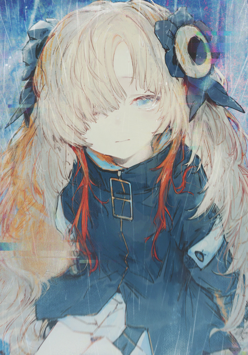 132_(bb32768) 1girl black_coat black_flower blue_eyes coat cowboy_shot expressionless flower glitch grey_hair grey_shorts hair_flower hair_ornament hair_over_one_eye highres isekaijoucho kamitsubaki_studio long_hair looking_at_viewer multicolored_hair red_hair shorts sitting solo two-tone_hair virtual_youtuber