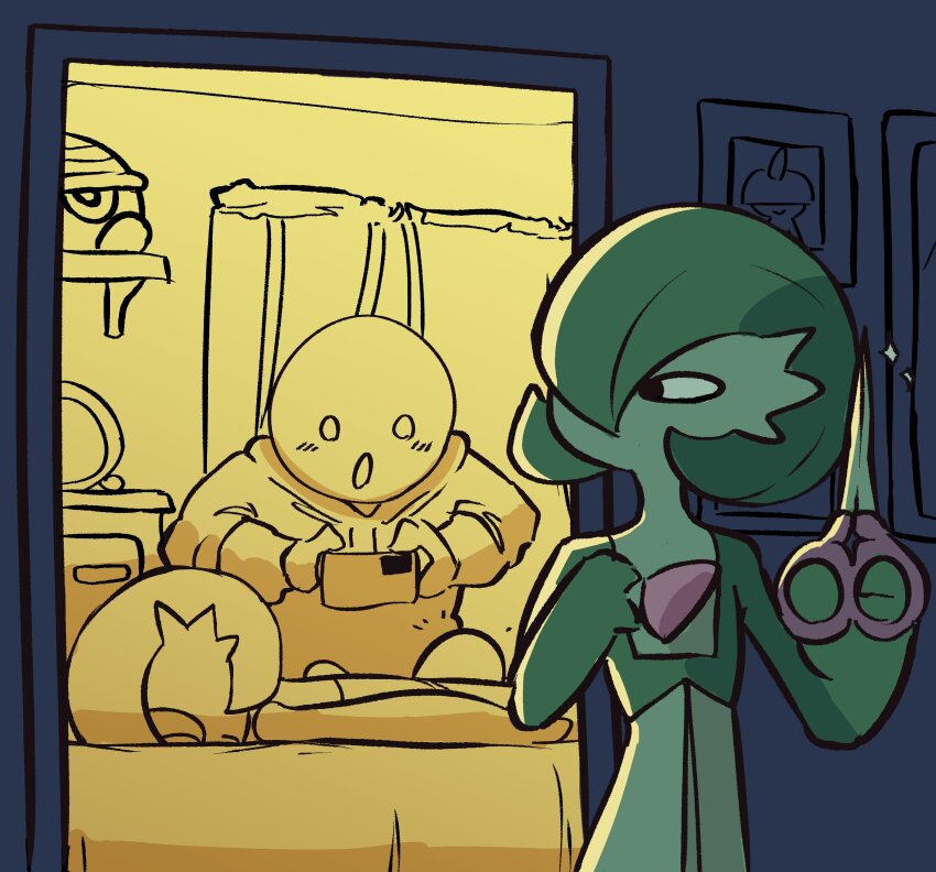 1boy 1girl :o absurdres ass backlighting black_eyes blush bob_cut character_doll colored_skin flat_chest gardevoir gen_3_pokemon glint green_hair green_skin gummitonic hair_over_one_eye hands_up highres holding holding_scissors indoors jealous life-size_gardevoir_plush looking_back multicolored_skin nintendo no_mouth notice_lines one_eye_covered open_mouth photo_(object) pokemon pokemon_(creature) ralts scissors seedot short_hair sketch standing taking_picture two-tone_skin upper_body white_skin