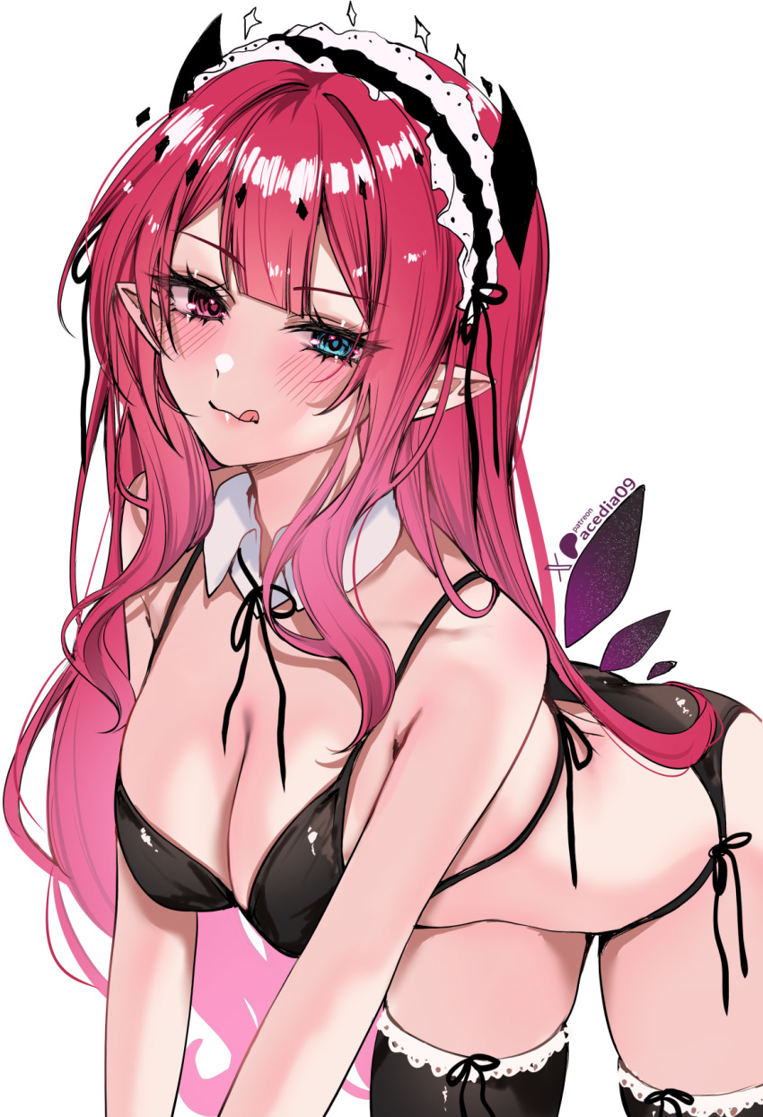 1girl acedia aqua_eyes artist_name bare_shoulders bikini black_bikini black_horns black_thighhighs blush breasts cleavage closed_mouth collar commentary crystal_wings english_commentary halo heterochromia highres hololive hololive_english horns irys_(hololive) large_breasts leaning_forward long_hair looking_at_viewer maid_headdress patreon_username pink_eyes pink_hair pink_lips pointy_ears purple_wings side-tie_bikini_bottom smile solo swimsuit thighhighs thighs tongue tongue_out twitter_username virtual_youtuber white_collar wings