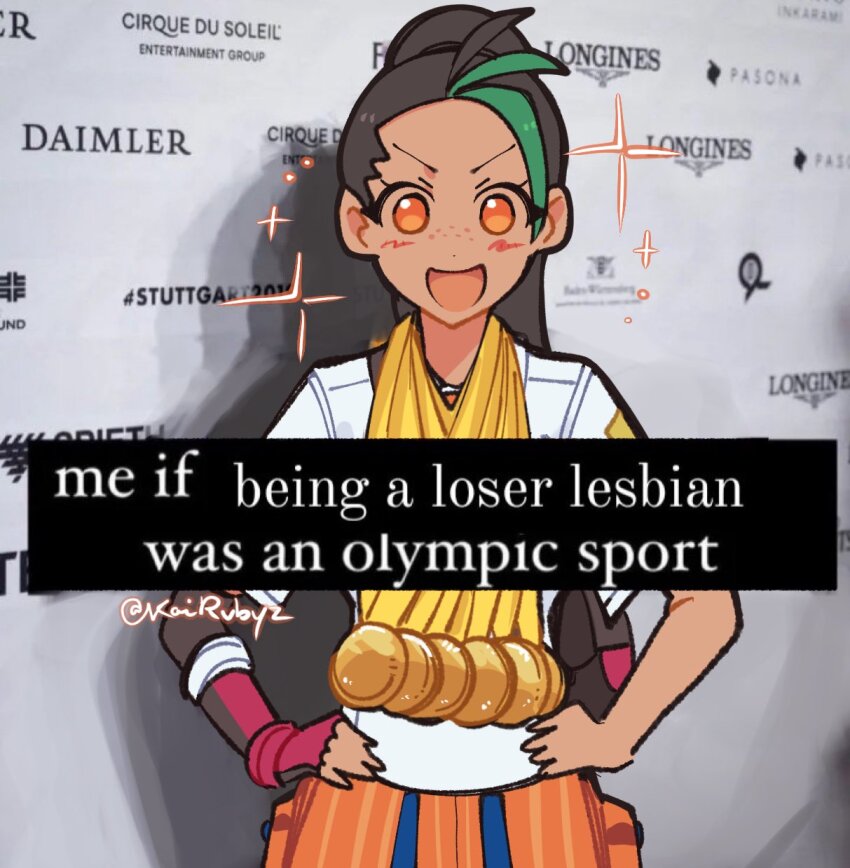 1girl black_hair dark-skinned_female dark_skin english_text fingerless_gloves freckles gloves green_hair hands_on_own_hips high_ponytail highres kairubyz long_hair medal meme multicolored_hair nemona_(pokemon) nintendo orange_hair orange_pants pants pokemon pokemon_sv ponytail red_gloves shirt single_glove solo sparkle streaked_hair twitter_username white_shirt