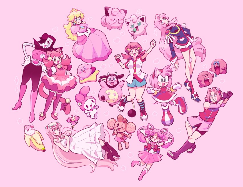1boy 1other 6+girls absurdres ahoge amy_rose animal_ears animal_nose banana bananya bell bishoujo_senshi_sailor_moon bishoujo_senshi_sailor_moon_s black_eyes blonde_hair blue_brooch blue_eyes blush blush_stickers boo_(mario) bright_pupils brooch cat chibi_usa circle_formation clefairy clenched_hands closed_mouth crown dress earrings eyelashes fangs feet flower flower_wreath food fruit furry furry_female gen_1_pokemon gen_2_pokemon gold_crown hair_bell hair_ornament hand_on_own_face haruno_sakura heart hedgehog_girl highres holding holding_microphone holding_unworn_clothes holding_unworn_dress honey_(katamari_damacy) jewelry jigglypuff katamari_damacy kirby kirby_(series) kneehighs kuromi leaning_back limited_palette long_hair loveycloud mad_mew_mew mario_(series) meemee_(super_monkey_ball) megurine_luka megurine_luka_(chiffon_dress) mettaton mettaton_ex microphone miltank multiple_girls naruto_(series) nintendo onegai_my_melody open_mouth outstretched_arms pink_background pink_dress pink_fur pink_hair pokemon pokemon_hgss princess_peach red_eyes red_footwear ribbon robot sailor_chibi_moon sanrio shirt shoes short_sleeves short_tail shorts simple_background sleeveless socks sonic_(series) sparkle spread_arms standing standing_on_one_leg star_(symbol) super_mario_sunshine super_monkey_ball super_sailor_chibi_moon tail toes tongue tongue_out undertale warp_star white_dress white_pupils whitney_(pokemon)