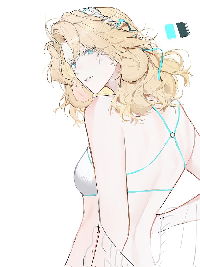 1girl animal_ears aqua_eyes arknights bikini blonde_hair commentary curtained_hair dog_ears dog_girl droopy_ears from_behind hairband highres joshua_(shisanli934) kristen_(arknights) looking_at_viewer looking_back median_furrow medium_hair parted_lips simple_background solo swimsuit symbol-only_commentary white_background white_bikini white_hairband