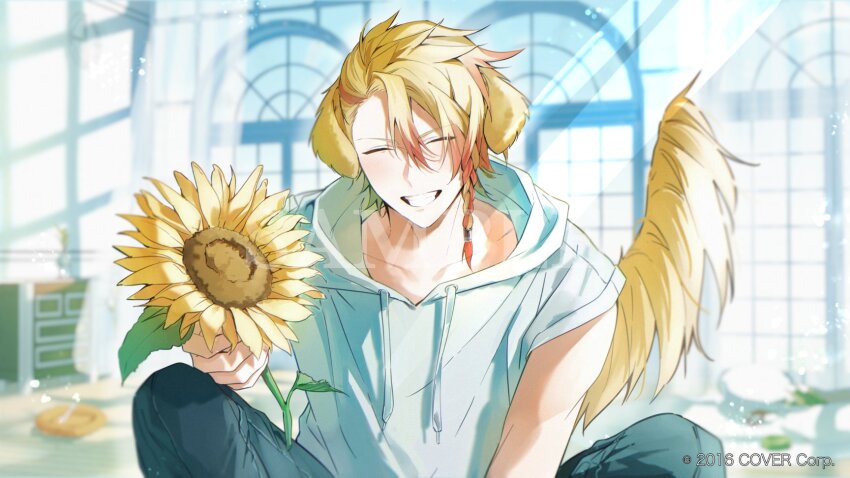 1boy ^_^ animal_ears axel_syrios bare_arms blonde_hair blue_pants blurry blurry_background braid closed_eyes collarbone copyright_notice day dog_boy dog_ears dog_tail drawer ears_down facing_viewer flower grin hair_between_eyes highres holding holding_flower holostars holostars_english hood hood_down hoodie incoming_gift indoors kemonomimi_mode light_particles male_focus multicolored_hair muntins official_art outstretched_arm pants red_hair sample_watermark short_hair side_braid side_part sleeveless sleeveless_hoodie smile solo squatting streaked_hair sunflower sunlight tail upper_body virtual_youtuber watermark white_hoodie white_xxxx window yellow_flower