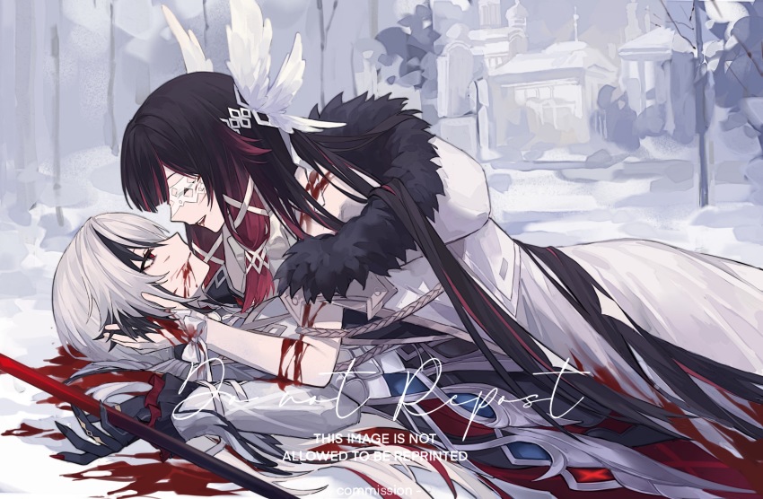 arlecchino_(genshin_impact) black_fur black_hands blood blood_from_mouth blood_on_arm blood_on_face blood_on_hands blood_on_snow blood_splatter bloodbo blunt_bangs chinese_commentary closed_eyes coat collared_jacket colored_extremities columbina_(genshin_impact) commission face-to-face fatui_coat feathered_wings fingernails formal_clothes from_side fur-trimmed_coat fur_trim genshin_impact girl_on_top grey_background grey_coat grey_hair grey_jacket grey_suit hair_between_eyes hands_on_another&#039;s_cheeks hands_on_another&#039;s_face hands_up head_wings highres holding holding_scythe holding_weapon jacket long_hair long_sleeves looking_up low_ponytail lying lying_on_person multicolored_hair on_back on_ground outdoors parted_lips ponytail red_eyes red_hair scythe sharp_fingernails snow streaked_hair suit suit_jacket very_long_hair weapon white_wings wide_sleeves wings
