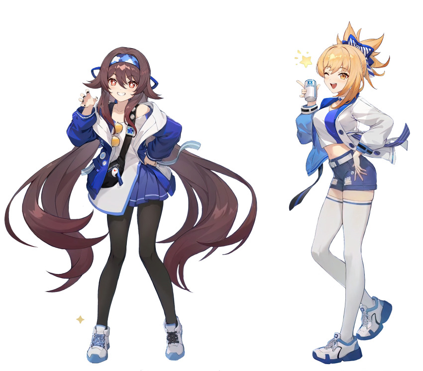 2girls bare_shoulders belt black_nails black_pantyhose blonde_hair blue_jacket blue_shorts blue_skirt boo_tao_(genshin_impact) breasts brown_hair can choker claw_pose crop_top denim denim_shorts eyewear_hang fanny_pack flower-shaped_pupils full_body genshin_impact grin hair_flaps hairband hand_on_own_hip hand_up highres holding holding_can hu_tao_(genshin_impact) hu_tao_(lawson)_(genshin_impact) jacket lawson long_hair long_sleeves looking_at_viewer medium_breasts midriff miniskirt multicolored_hair multiple_girls nail_polish navel off_shoulder official_alternate_costume official_art one_eye_closed open_clothes open_jacket open_mouth orange_eyes pantyhose pleated_skirt ponytail puffy_long_sleeves puffy_sleeves red_eyes shirt shoes short_shorts shorts skirt smile sneakers standing sunglasses symbol-shaped_pupils thighhighs third-party_source torn_clothes torn_shorts transparent_background twintails two-tone_shirt unworn_eyewear very_long_hair white_choker white_jacket white_shirt white_shoes white_thighhighs yoimiya_(genshin_impact) yoimiya_(lawson)_(genshin_impact)