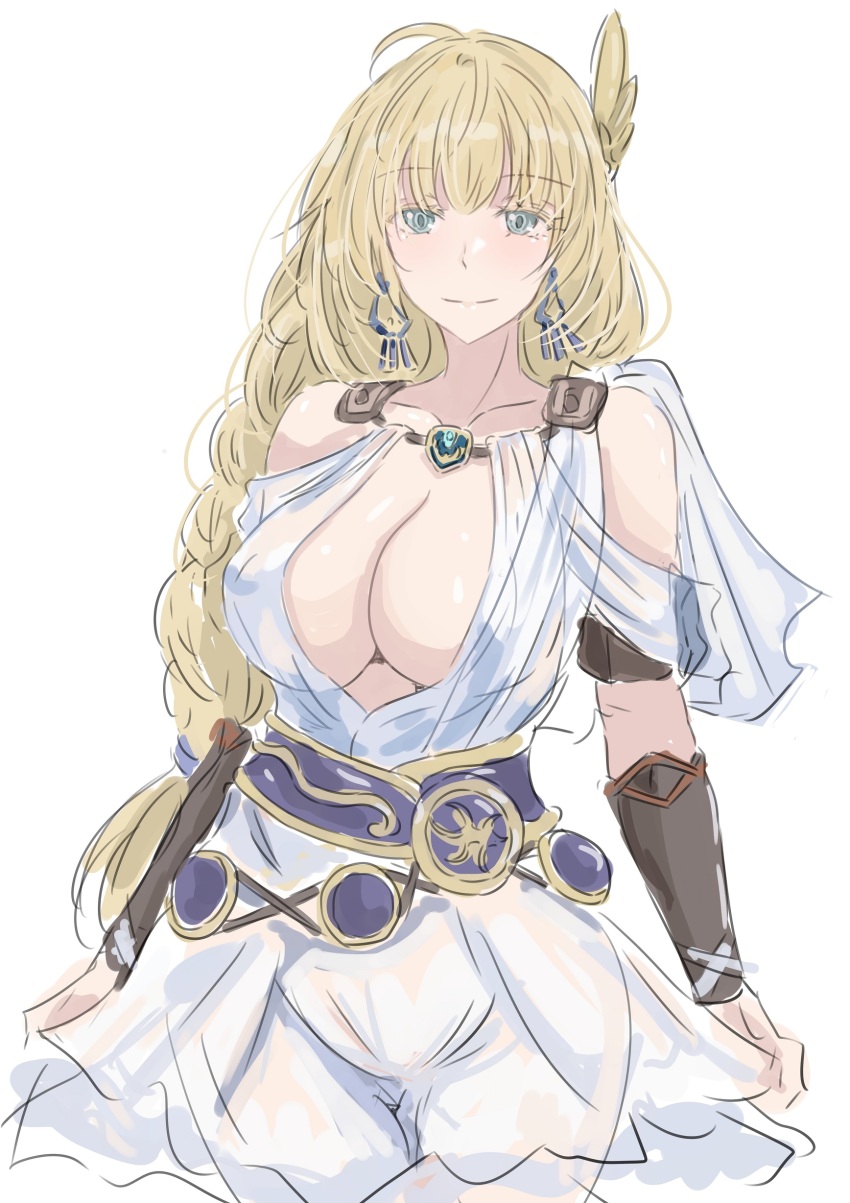1girl absurdres blonde_hair blue_eyes breasts cleavage collarbone earrings highres jewelry large_breasts long_hair namco skirt solo sophitia_alexandra soul_calibur soulcalibur soulcalibur_iv