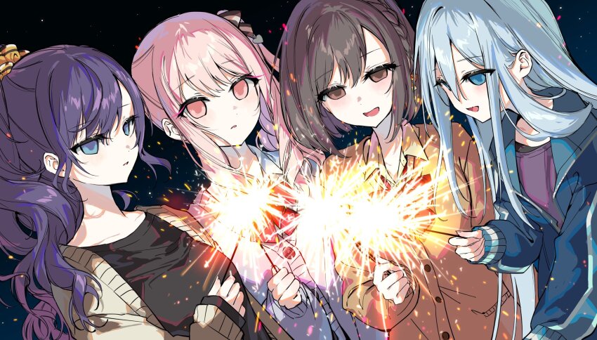 1other 25-ji_nightcord_de._(project_sekai) 3girls :d aimi_(mimi_nii2) akiyama_mizuki asahina_mafuyu black_bow black_shirt black_sky blue_eyes blue_hair blue_jacket blush bob_cut bow bowtie braid breasts brown_cardigan brown_eyes brown_hair cardigan collared_shirt double-parted_bangs drill_hair drill_sidelocks empty_eyes fingernails fireworks grey_cardigan hair_between_eyes hair_bow hair_ornament hair_over_shoulder hair_scrunchie hashtag-only_commentary high_ponytail high_side_ponytail highres holding holding_fireworks jacket kamiyama_high_school_uniform_(project_sekai) layered_sleeves long_hair long_sleeves looking_at_viewer looking_down multicolored_eyes multiple_girls night open_cardigan open_clothes open_jacket open_mouth orange_scrunchie outdoors parted_lips pink_eyes pink_hair ponytail project_sekai puffy_long_sleeves puffy_sleeves purple_eyes purple_hair purple_shirt red_bow red_bowtie school_uniform scrunchie shinonome_ena shirt side_braid side_drill side_ponytail sidelocks simple_background single_braid sky sleeves_past_wrists small_breasts smile sparkle sparkler straight_hair striped_bow swept_bangs two-tone_bow two-tone_eyes upper_body wavy_hair white_bow white_shirt yellow_shirt yoisaki_kanade