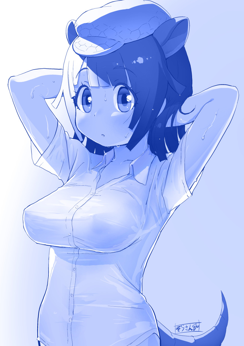 1girl absurdres armadillo_ears armadillo_tail arms_behind_head arms_up bare_arms blue_theme blunt_bangs breasts collarbone commentary dress_shirt extra_ears eyes_visible_through_hair giant_armadillo_(kemono_friends) gradient_background hat highres impossible_clothes impossible_shirt kemono_friends large_breasts looking_at_viewer masuyama_ryou medium_hair monochrome no_pants shirt short_sleeves simple_background solo upper_body water_drop wet wet_clothes wing_collar