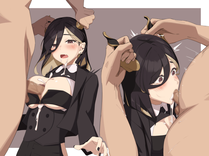 1boy 1girl black_hair blush border breasts brown_background brown_eyes buttons commentary_request commission cum cum_in_mouth cum_on_body cum_on_breasts cum_on_clothes cum_on_upper_body cum_overflow earrings fang fellatio hair_between_eyes hetero highres horn_grab horns irrumatio jewelry large_breasts long_sleeves medium_hair mole mole_under_eye open_mouth oral original outside_border paizuri perpendicular_paizuri pixiv_commission skin_fang tearing_up white_border yoroshinbo