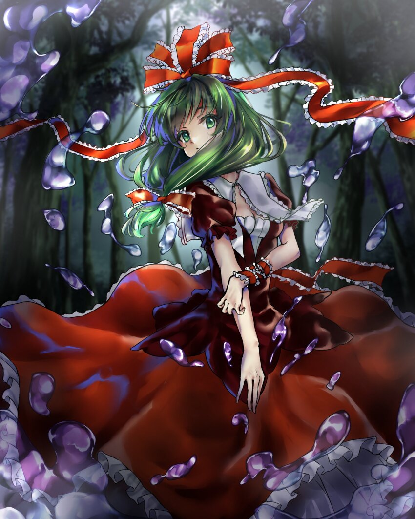 1girl absurdres bow dress forest front_ponytail green_eyes green_hair hair_bow hair_ribbon highres kagiyama_hina looking_at_viewer nakama_tsukasa nature red_bow red_dress red_ribbon red_skirt ribbon skirt solo touhou