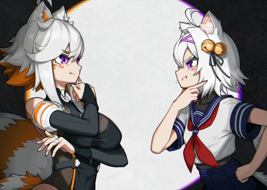 2girls :t ahoge animal_ear_fluff animal_ears bell blush breasts bridal_gauntlets cat_ears cat_girl closed_mouth color_connection colored_tips demenishki detached_sleeves facial_mark filian_(vtuber) haedgie hair_bell hair_color_connection hair_ornament hairstyle_connection highres indie_virtual_youtuber large_breasts leotard look-alike multicolored_hair multiple_girls orange_hair pout purple_eyes red_panda_ears red_panda_girl red_panda_tail school_uniform see-through_clothes shirt short_hair skirt trait_connection virtual_youtuber white_hair
