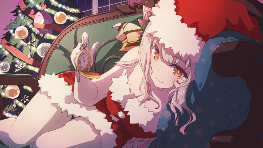1girl bare_arms bare_legs bare_shoulders black_tail breasts brown_tail christmas_ornaments christmas_tree cleavage closed_mouth collarbone commentary_request couch demon_girl demon_horns demon_tail dress feet_out_of_frame foreshortening fur-trimmed_dress fur_trim grey_hair hand_on_own_cheek hand_on_own_face hat head_on_pillow highres holding holding_pocket_watch horns indie_virtual_youtuber indoors kagawa_yuusaku kanikama_(suou_patra) large_breasts legs_together light_blush long_hair looking_at_viewer lying multicolored_tail on_couch on_side orange_eyes pillow pocket_watch santa_costume santa_dress santa_hat short_dress smile solo split_mouth strapless strapless_dress suou_patra tail thigh_gap virtual_youtuber watch