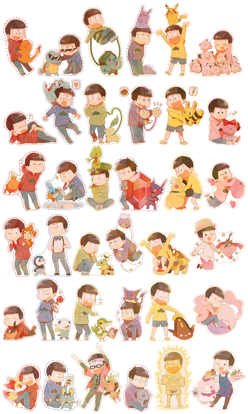 &gt;_&lt; 00s 10s 1990s_(style) 6+boys :3 :d ;3 ;d ;p ^^^ ^_^ adjusting_clothes adjusting_eyewear adjusting_swimsuit aipom animal animal_on_head animal_on_shoulder apron arms_at_sides arms_up bad_id bad_pixiv_id baseball baseball_bat baseball_glove biting biting_clothes black_eyes black_hair black_pants blouse blue_bow blue_bowtie blue_shorts blush bow bowtie brothers bulbasaur charmander chespin chibi chikorita chimchar clefairy closed_eyes closed_mouth crossed_arms crossover cup cyndaquil disposable_coffee_cup disposable_cup ditto dotted_line dress_shirt dressing drifloon drinking_glass dvd_(object) electricity elekid employee_uniform fennekin fire fish flame-tipped_tail flower flying flying_sweatdrops food formal_clothes froakie frown gen_1_pokemon gen_2_pokemon gen_3_pokemon gen_4_pokemon gen_5_pokemon gen_6_pokemon glowstick grin half-closed_eyes hand_in_pocket hand_on_own_cheek hand_on_own_chin hand_on_own_face hands_in_pocket hashimoto_nyaa hat hat_ribbon head_rest heart heart_in_mouth helioptile hiding highres hippopotas hippopotas_(male) holding holding_animal holding_flower holding_strap hood hood_down hoodie hug kamina_shades laughing lifting_person long_sleeves luvdisc lying macaron makuhita male_focus matsuno_choromatsu matsuno_ichimatsu matsuno_jyushimatsu matsuno_karamatsu matsuno_osomatsu matsuno_todomatsu mega_pokemon mega_sableye mochi730 mouth_hold mudkip multiple_boys multiple_views musharna musical_note necktie nintendo on_head on_one_knee on_side on_stomach one_eye_closed open_mouth oshawott osomatsu-kun osomatsu-san osomatsu_(series) outstretched_arms pants pants_rolled_up paper pet pikachu piplup plaid_clothes plaid_pants pokemon pokemon_(anime) pokemon_(creature) pokemon_bw pokemon_dppt pokemon_gsc pokemon_on_head pokemon_rgby pokemon_rse pokemon_xy puddle purrloin quaver red_bow red_flower red_rose reflection retro_artstyle ribbon riding rose sableye sextuplets shirt shoes shorts siblings simple_background sitting sleeping sleeves_past_wrists slippers slurpuff smile smirk snivy snubbull socks sparkle spoken_heart spoken_object spread_arms spread_legs squatting squirtle standing starter_pokemon_trio stroking_own_chin stunfisk suit sunglasses suspenders sweat sweatdrop sweets swimsuit tail tepig tongue tongue_out torchic totodile track_pants traditional_bowtie tray treecko triangular_eyewear turtwig waiter wall-eyed white_background white_shirt wormadam wormadam_(trash)