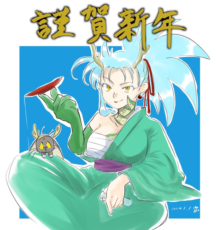 1girl blonde_hair bowl breasts chinese_zodiac cleavage dragon_girl dragon_horns earrings green_kimono highres holding holding_bowl horns japanese_clothes jewelry kimono large_breasts looking_at_viewer meyama_mamezou ryou-ouki ryouko_(tenchi_muyou!) single_earring slit_pupils smile spiked_hair tenchi_muyou! year_of_the_dragon yellow_eyes